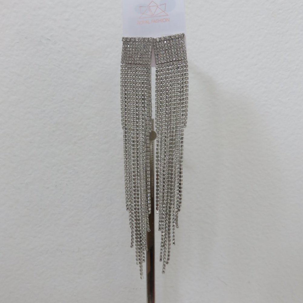 (#V) Royal fashion Earrings -  Long Silver chain rhinestones